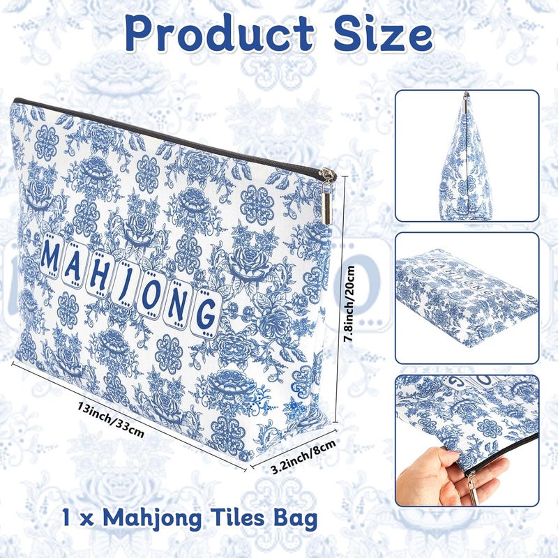 Bornerwhite Empty Mahjong Tiles Bag with Zippered 13x7.8 Inch Thickened Blue Print American Bag for 1.2 Inches Standard Size American Mahjong Tiles Accessories and Gifts(Case Only) - Image 2